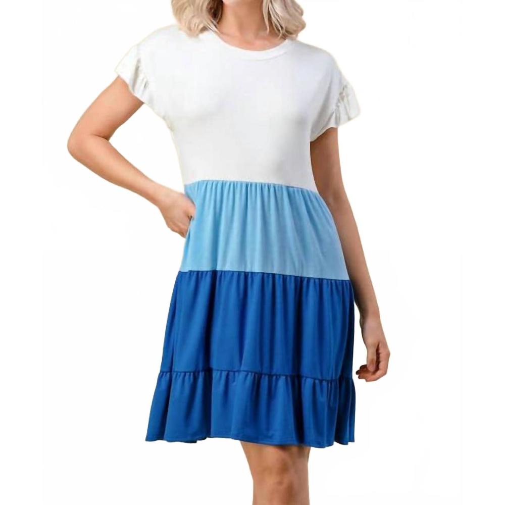 NEW FIRST LOOK block round neck ruffle dress in blue